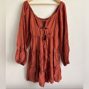 SHEIN rust neutral stretchy mini dress, Large, front tie, summer